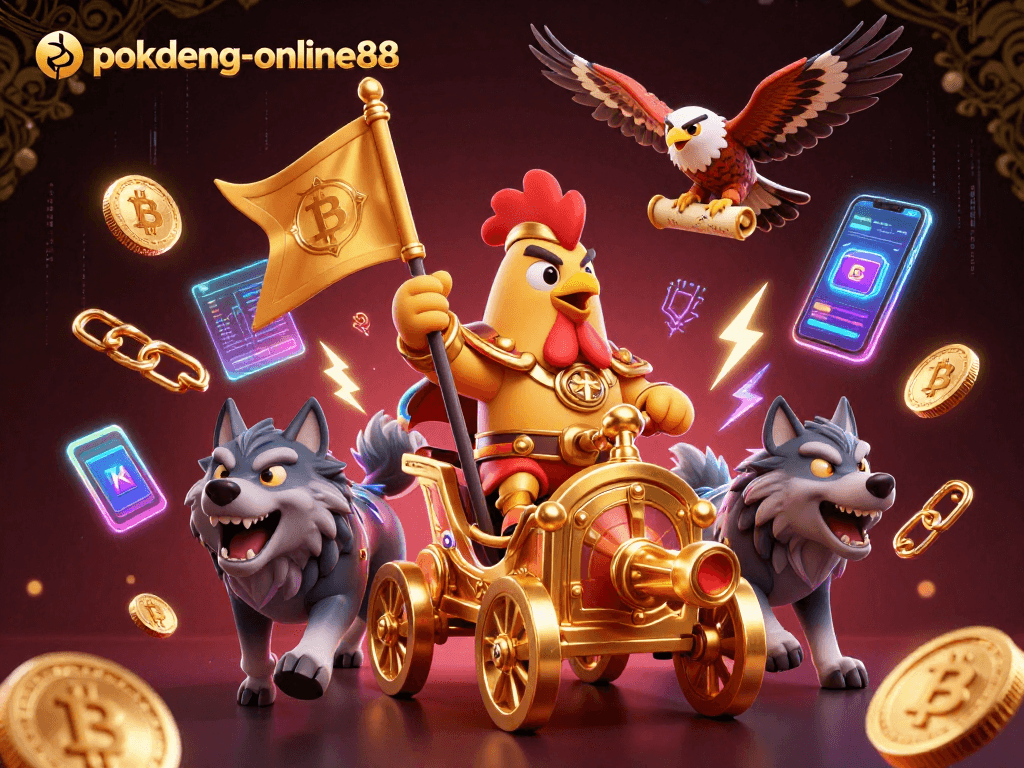 Engage in thrilling Pok Deng gameplay at pokdeng-online88 with a dynamic 3D illustration of a rooster warlord