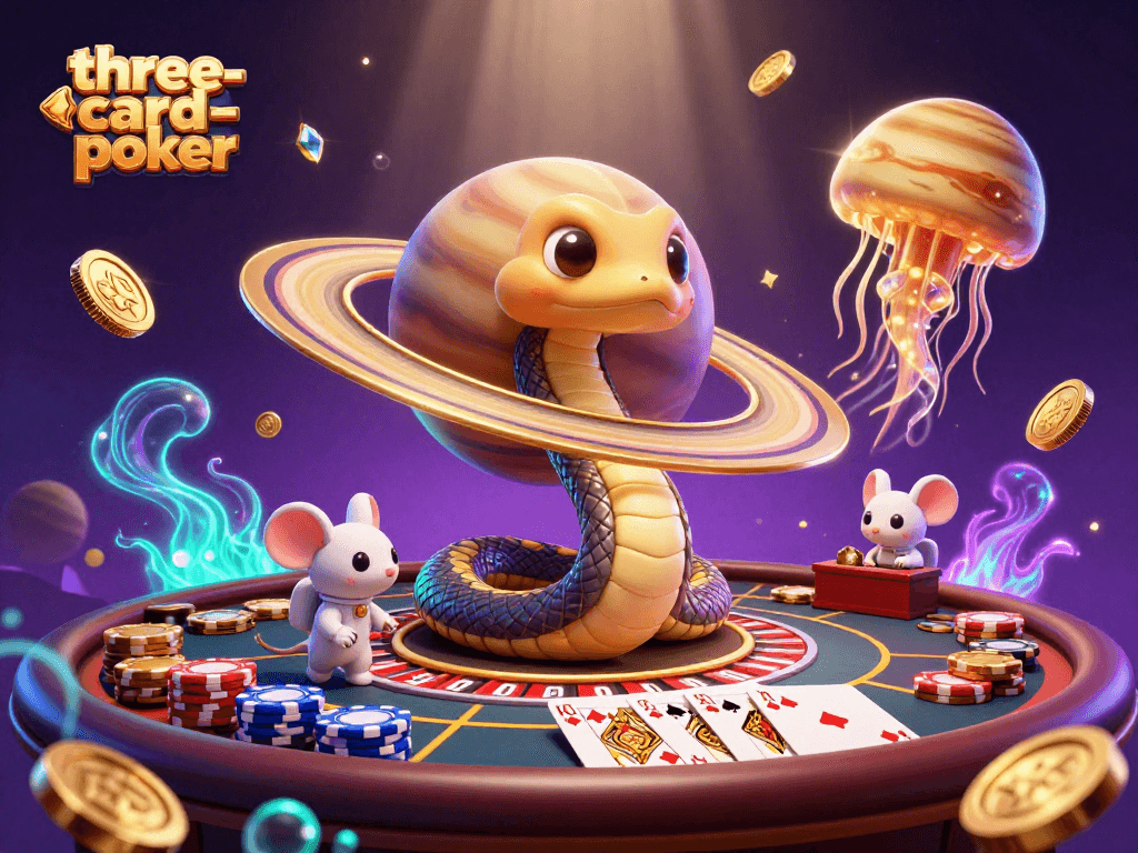 Engage in thrilling three-card-poker action with dynamic cosmic dealer and vibrant poker visuals.
