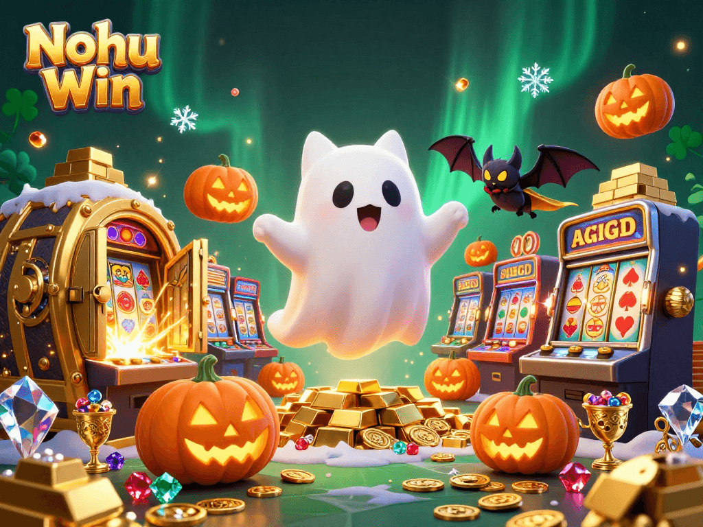 Nohu Win players winning big at a vibrant casino with a friendly ghost cat and treasures all around.