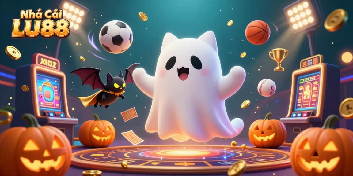 Engage with the vibrant gaming atmosphere at Nhà Cái LU88, featuring a friendly ghost cat and sports elements.