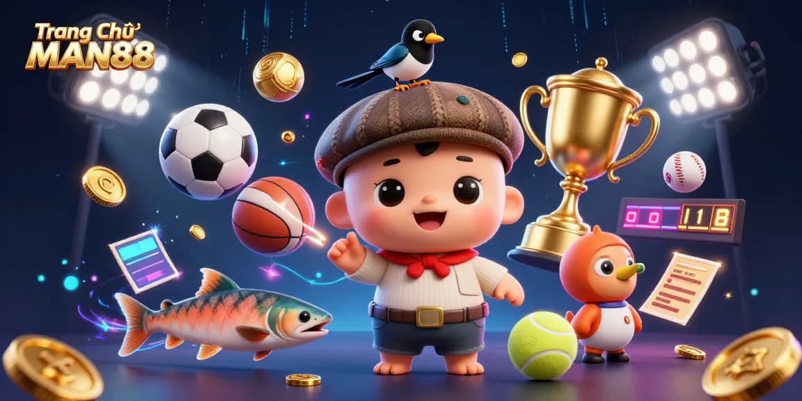 Join the excitement on Trang Chủ MAN88 with animated sports elements and playful characters in a vibrant casino scene.