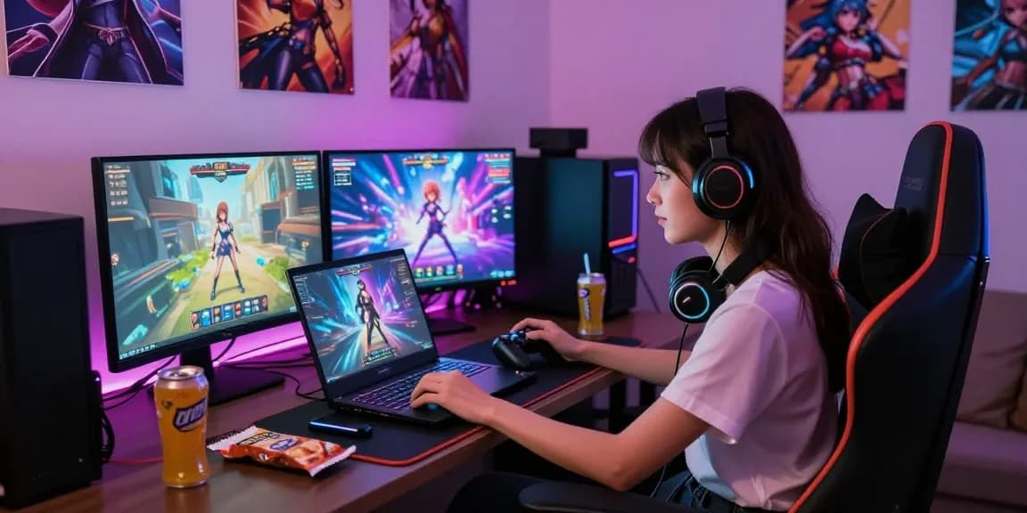 Gamer playing female protagonist porn games in a vibrant, colorful setup.
