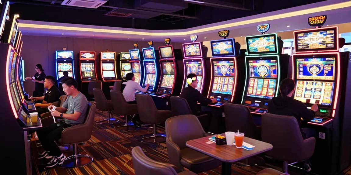 Lucky77 players celebrating wins in a vibrant casino gaming lounge.
