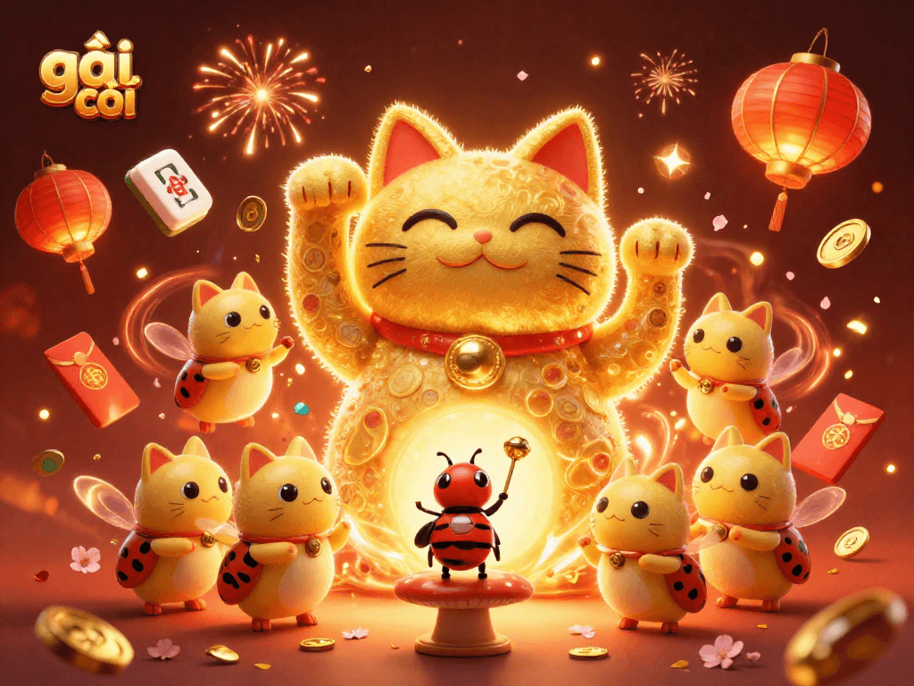 A dynamic scene featuring a giant lucky cat and golden fireflies, embodying the thrill of gái gọi gambling with festive elements.