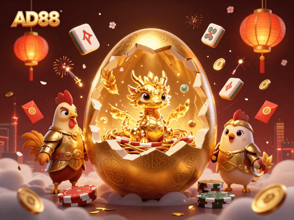 Win big at AD88 with an enchanting dragon emerging from a golden egg amidst poker chips and festive decorations.