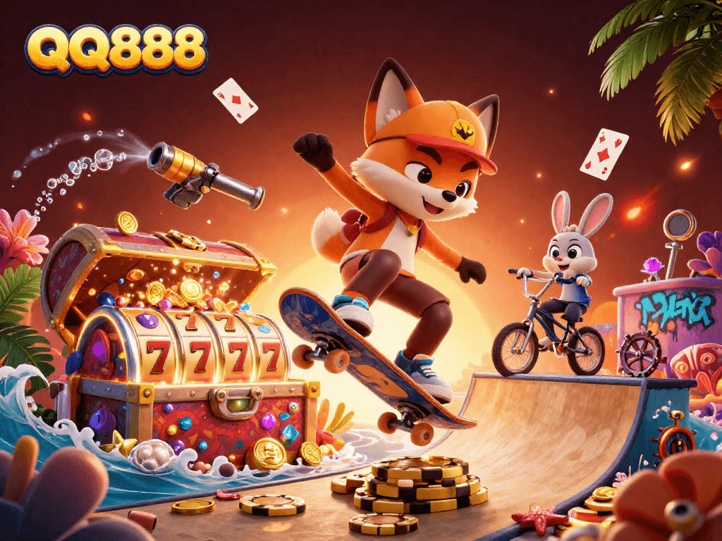 Experience thrilling wins at QQ888 with an action-packed scene of a skateboarder fox and BMX rabbit.