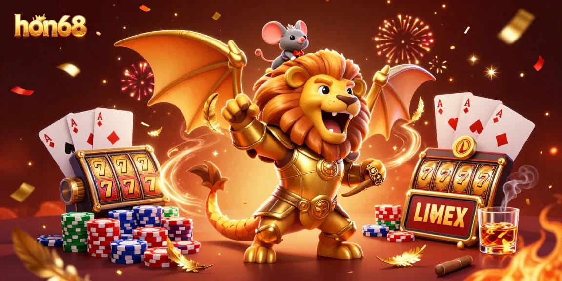 Experience the thrill at hon68 with a golden chimera and a brave mouse jockey in an epic casino scene.