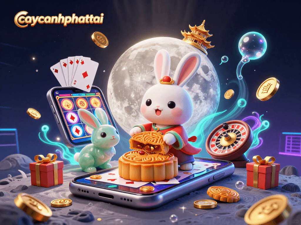 Engage with caycanhphattai's vibrant slot gaming experience featuring a moon rabbit amidst casino elements.