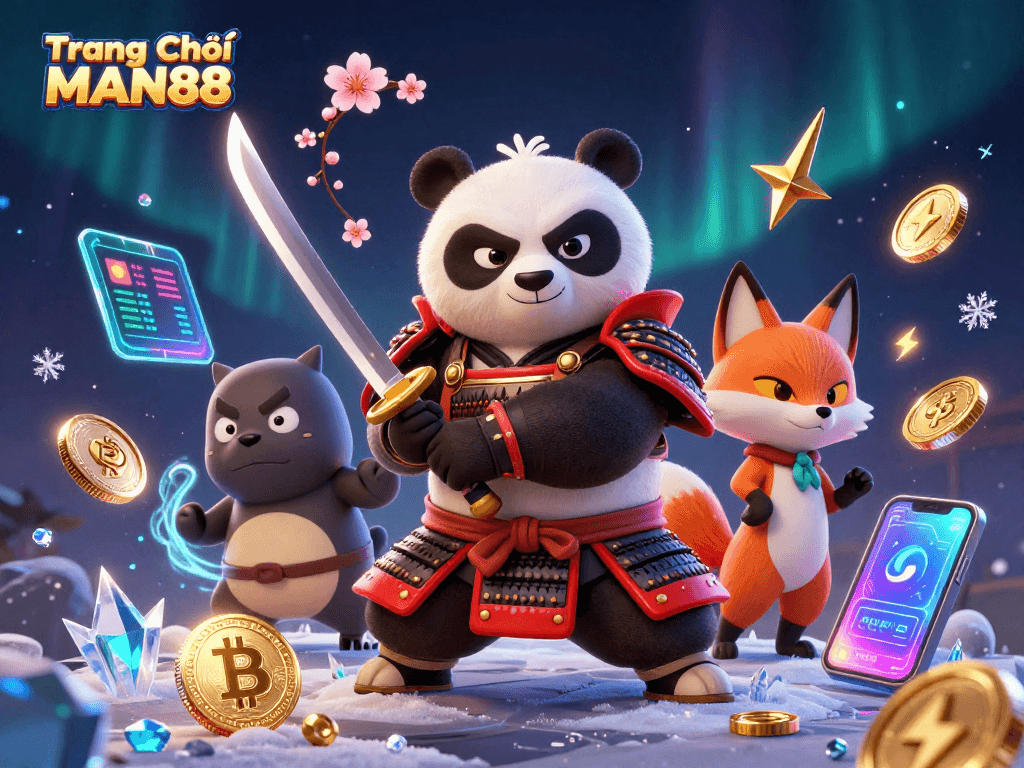 Win big at Trang Chủ MAN88 with dynamic samurai panda and ninja fox, showcasing crypto rewards and gaming elements.