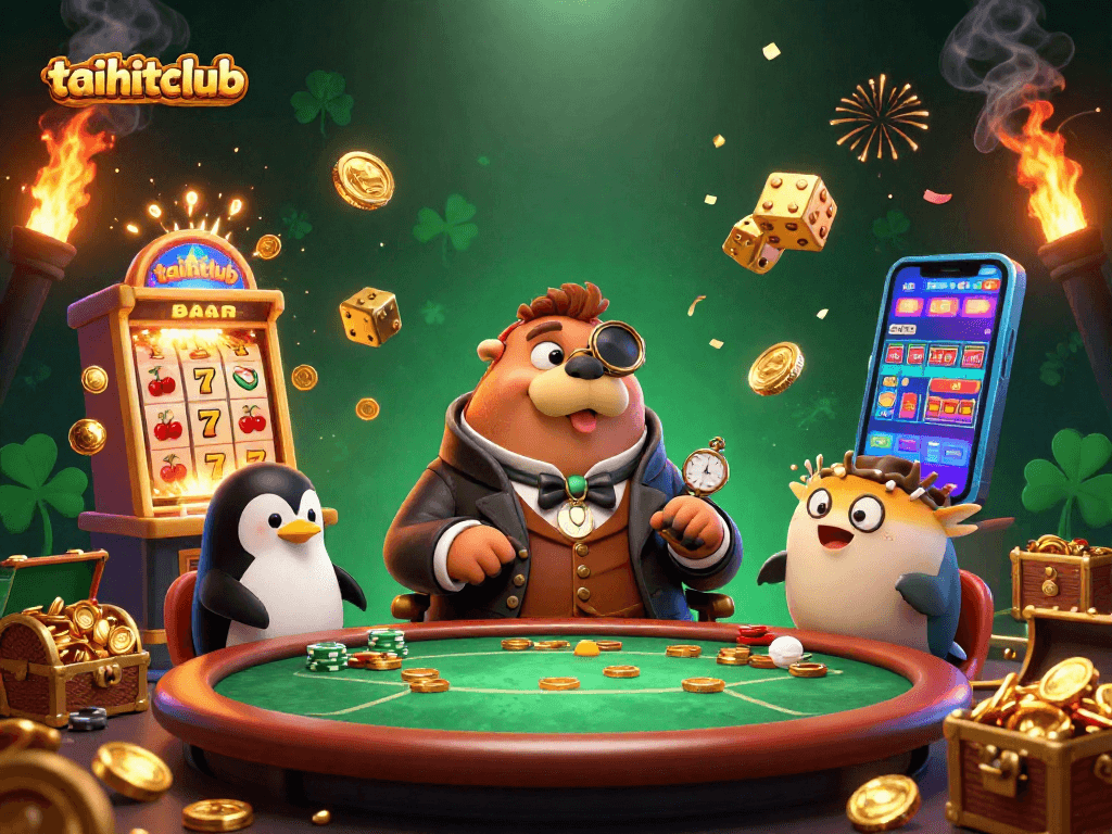Join the fun at taihitclub with a lively poker scene featuring a walrus, penguin dealer, and pufferfish, surrounded by casino magic.