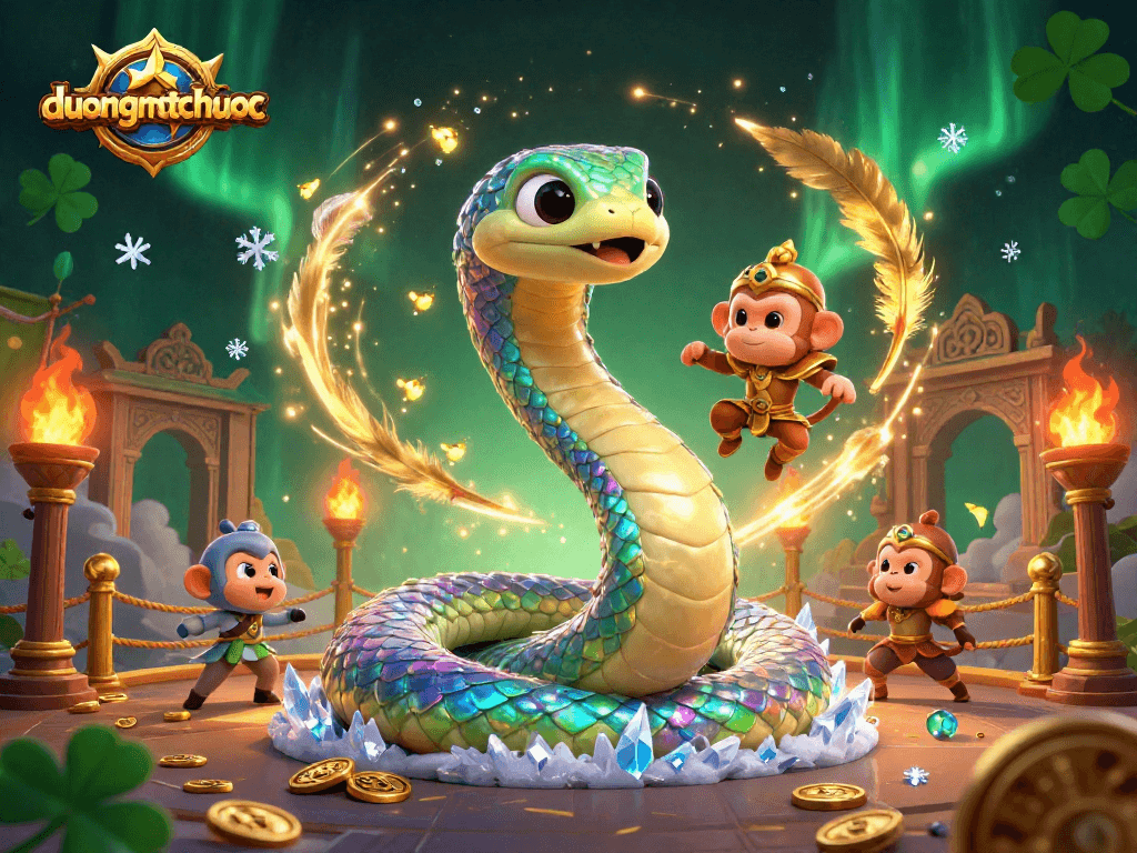 Spin to win on duongmatchuoc with the playful monkey king and rainbow serpent in an exciting festive atmosphere.