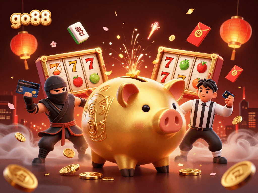 go88 presents a dynamic casino scene with a golden piggy bank ninja, depicting thrilling gaming action.