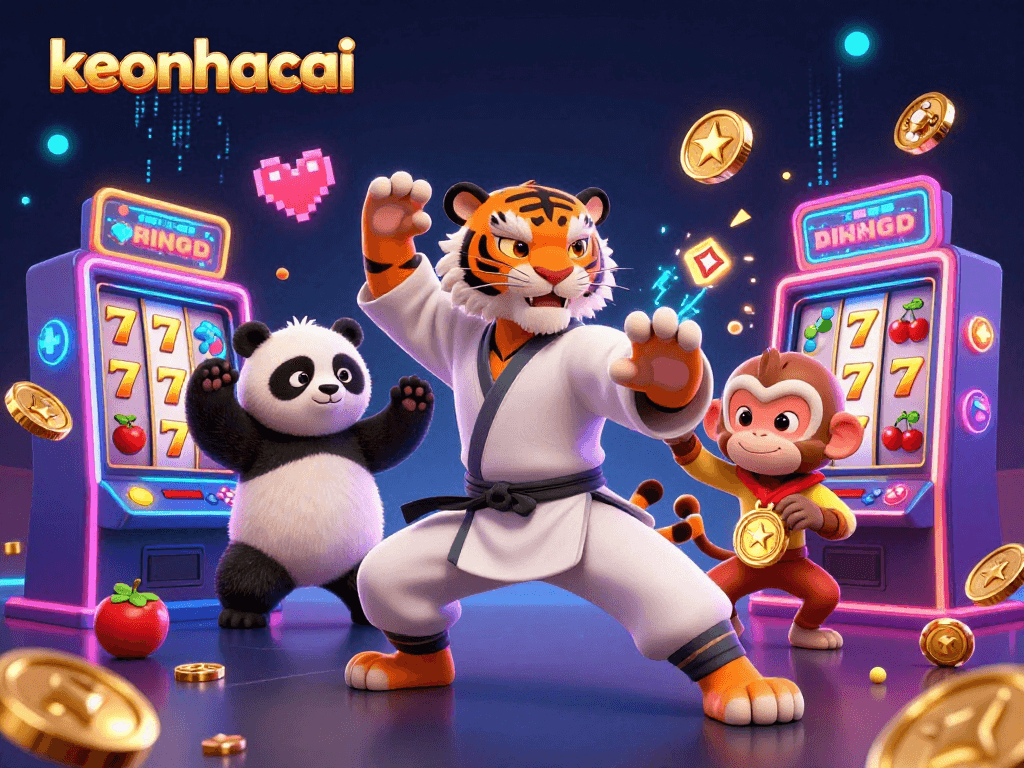 Engage with keonhacai's vibrant casino scene featuring a kung fu tiger master and playful characters.