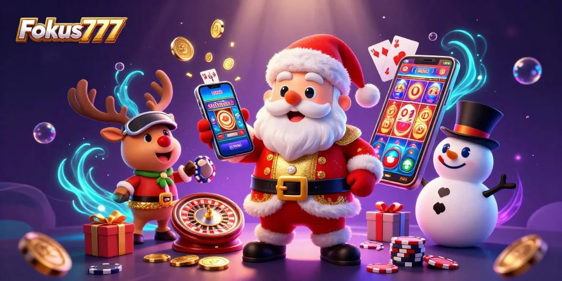 Experience winning with Fokus777: Santa and friends in a vibrant, dynamic casino setting.