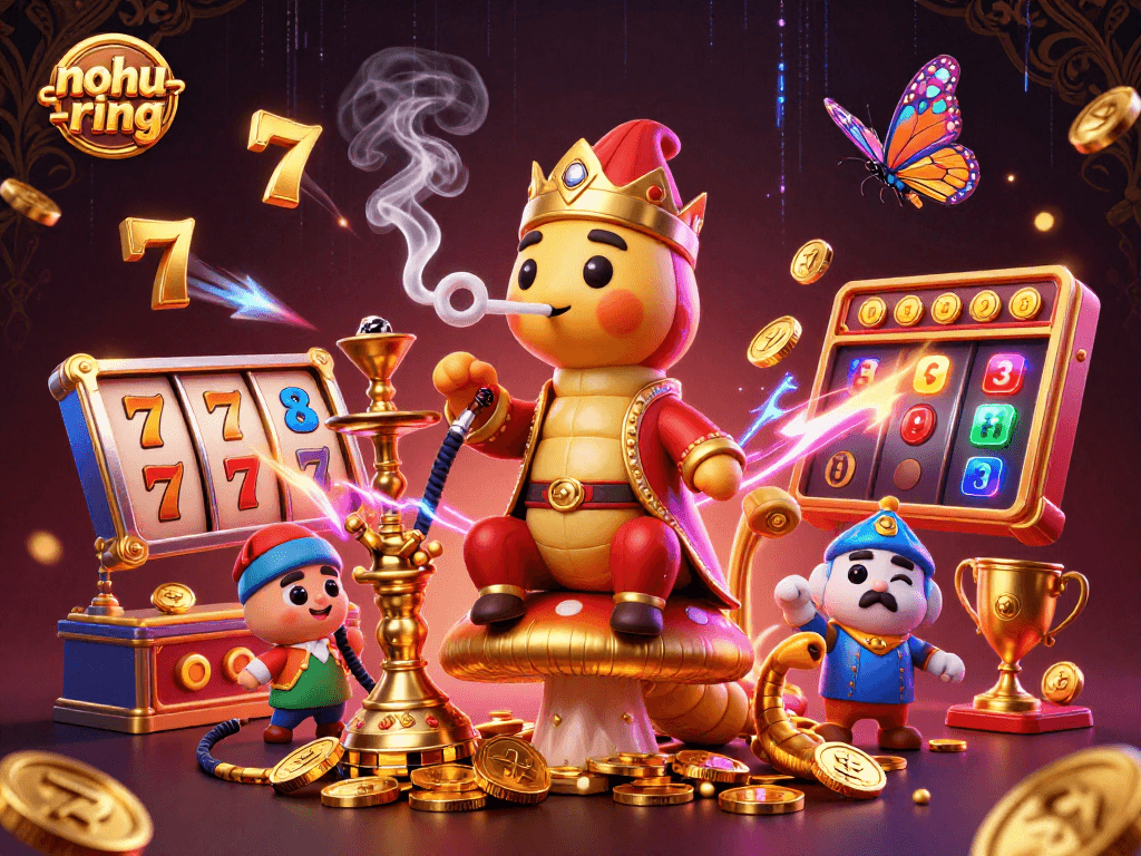 Experience the thrill of nohu-ring as the caterpillar master spins slot machine symbols amidst rich casino elements.