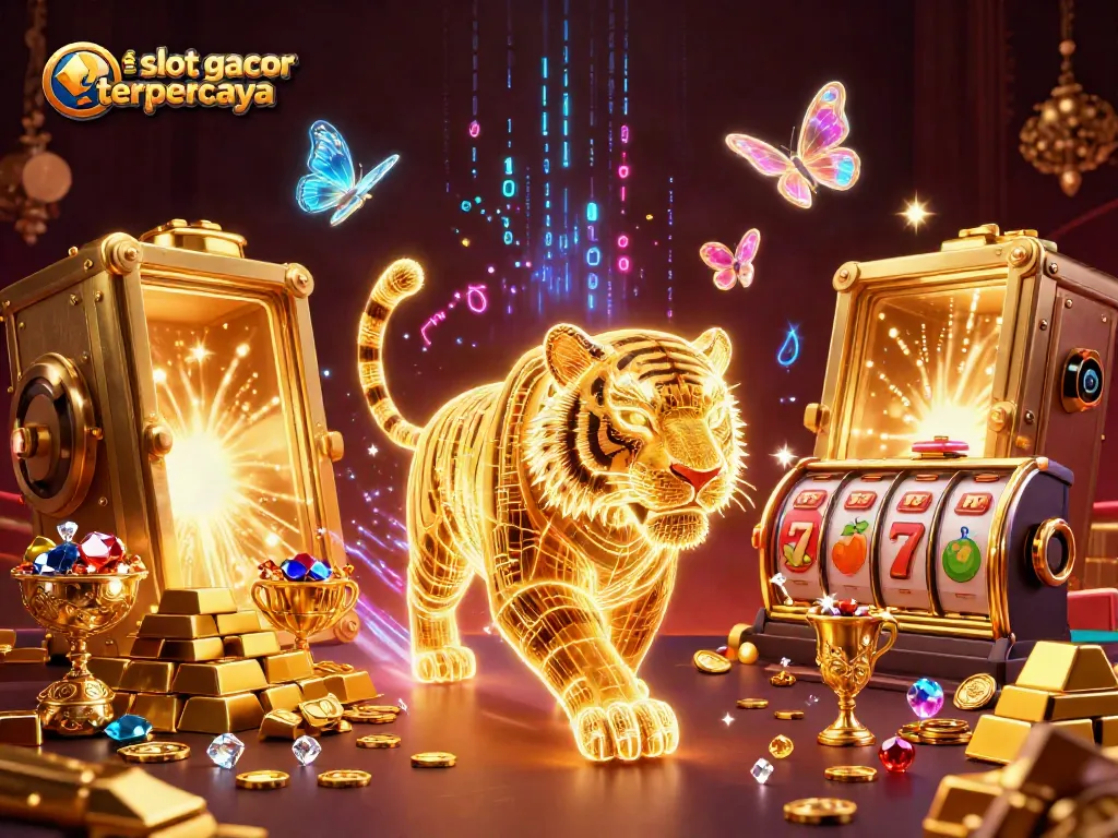 Experience the excitement of situs slot gacor terpercaya with a vibrant casino scene featuring neon-tinted elements and golden treasures.