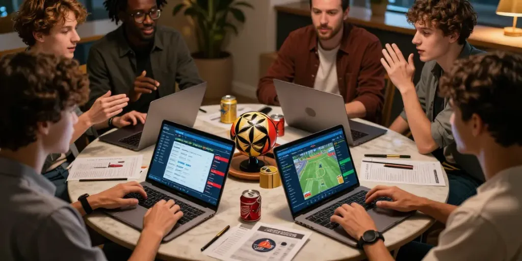 Friends discussing WWBOLA betting odds with laptops and sports memorabilia.