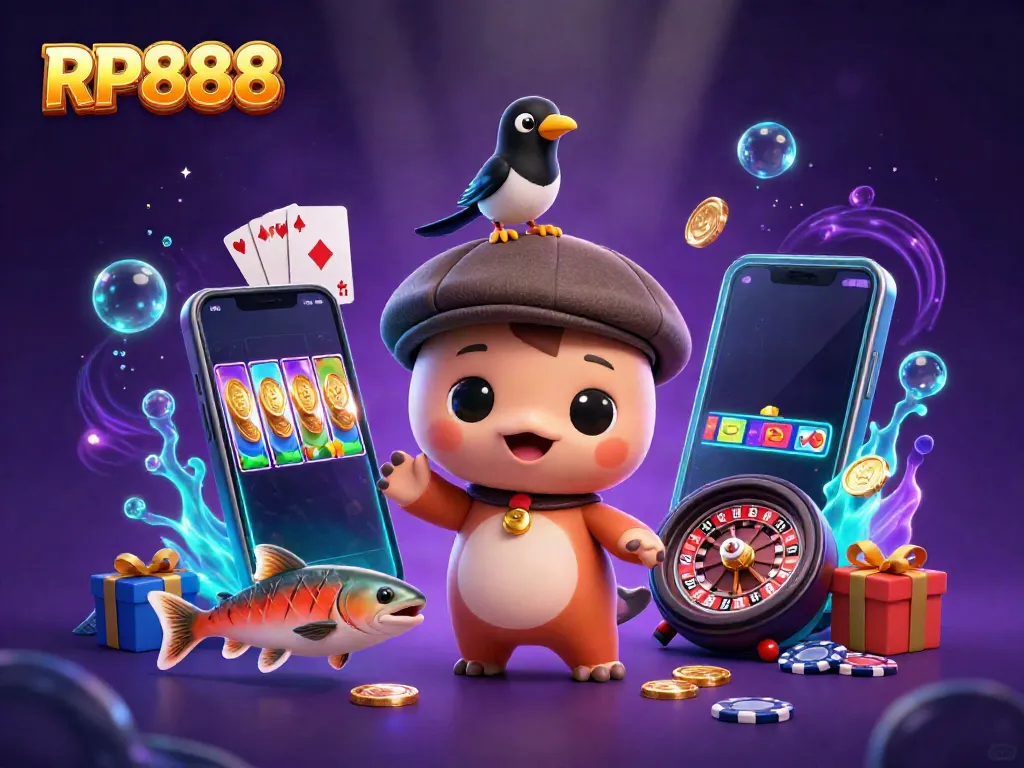 Experience the vibrant slots world with RP888 featuring Nessie and friends in this dynamic 3D scene.