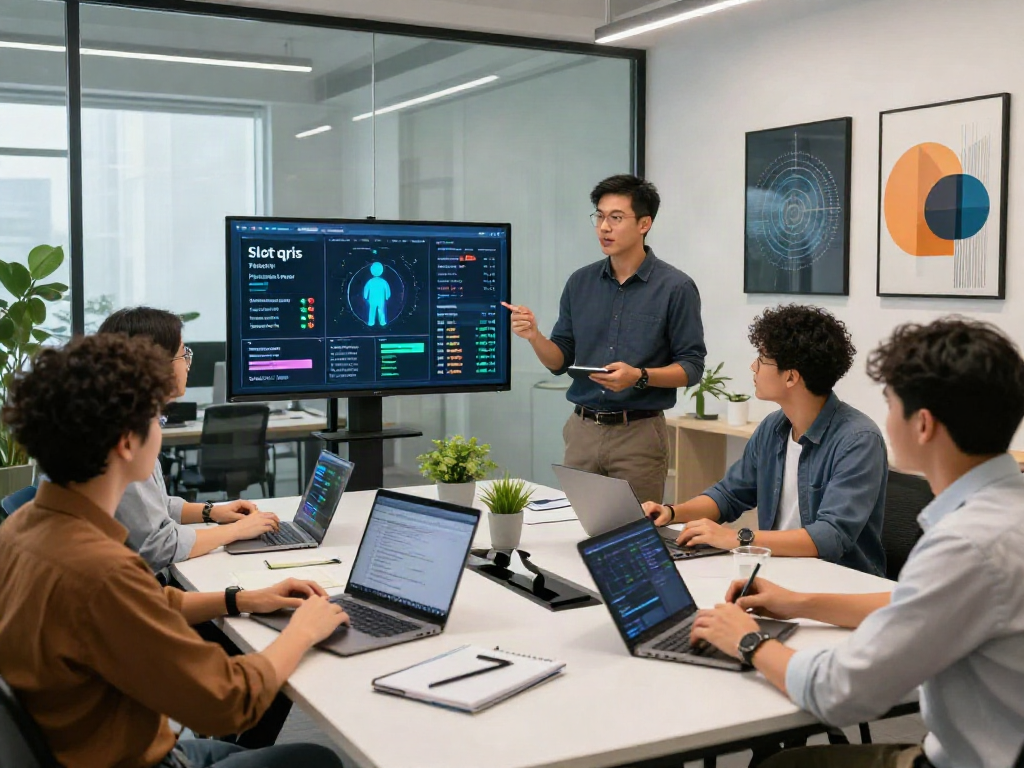 Dynamic fintech team collaborating on slot qris payment solutions in a modern workspace.
