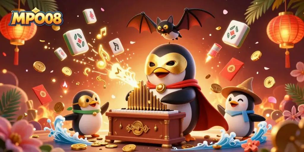 MPO08 showcases a lively 3D scene with a penguin playing an organ shooting coins in an exciting casino atmosphere.