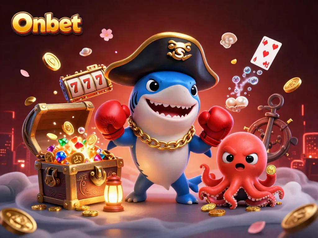 Engage with Onbet's thrilling slot scene featuring a pirate shark, pufferfish, and treasure!