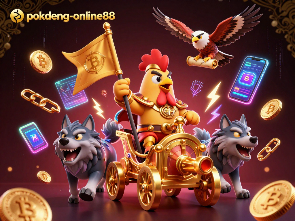Engage in thrilling Pok Deng gameplay at pokdeng-online88 with a dynamic 3D illustration of a rooster warlord