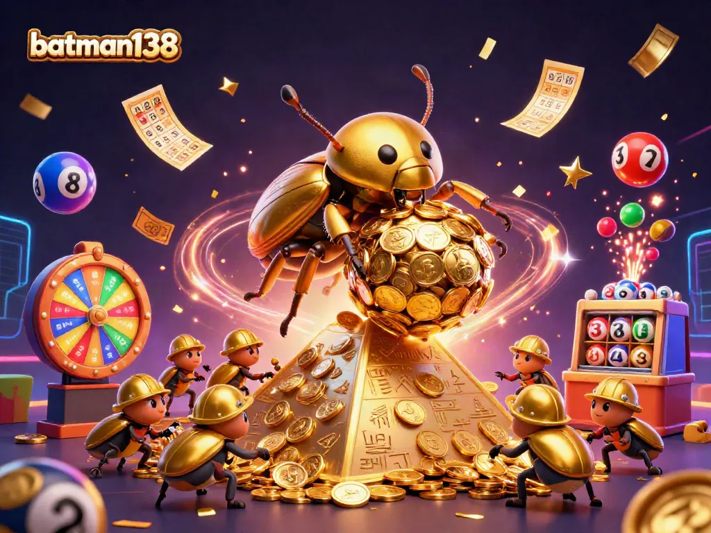 Engage with batman138 in a vibrant casino-themed world filled with dynamic lottery balls and golden coins.