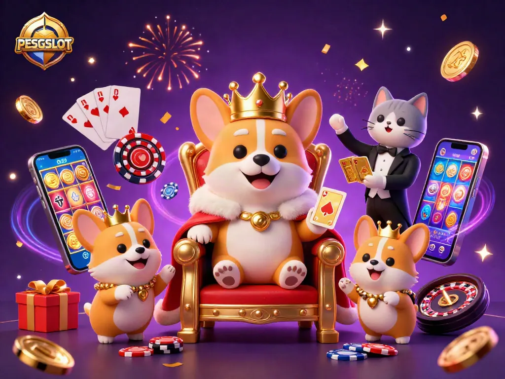 PESGSLOT showcases a royal corgi on a poker chip throne, surrounded by magical slot gaming elements.