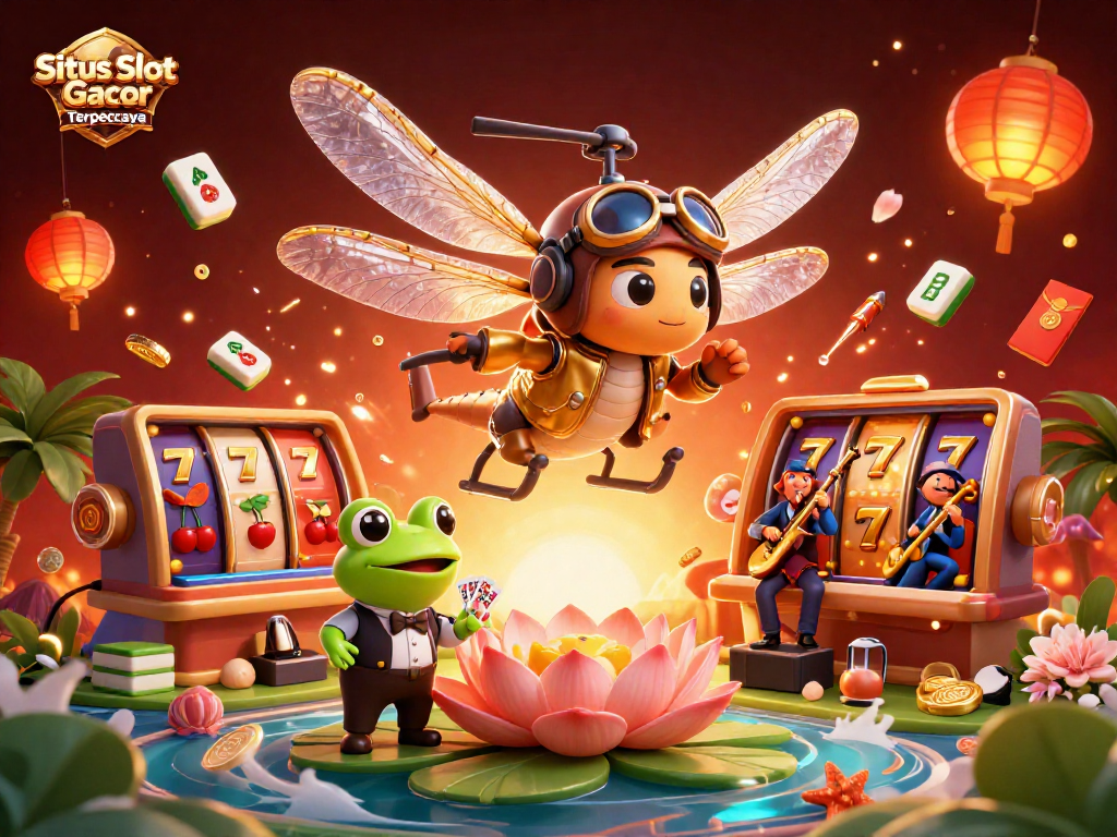 Situs Slot Gacor Terpercaya showcases a vibrant 3D casino scene with a dragonfly pilot and frog dealer.