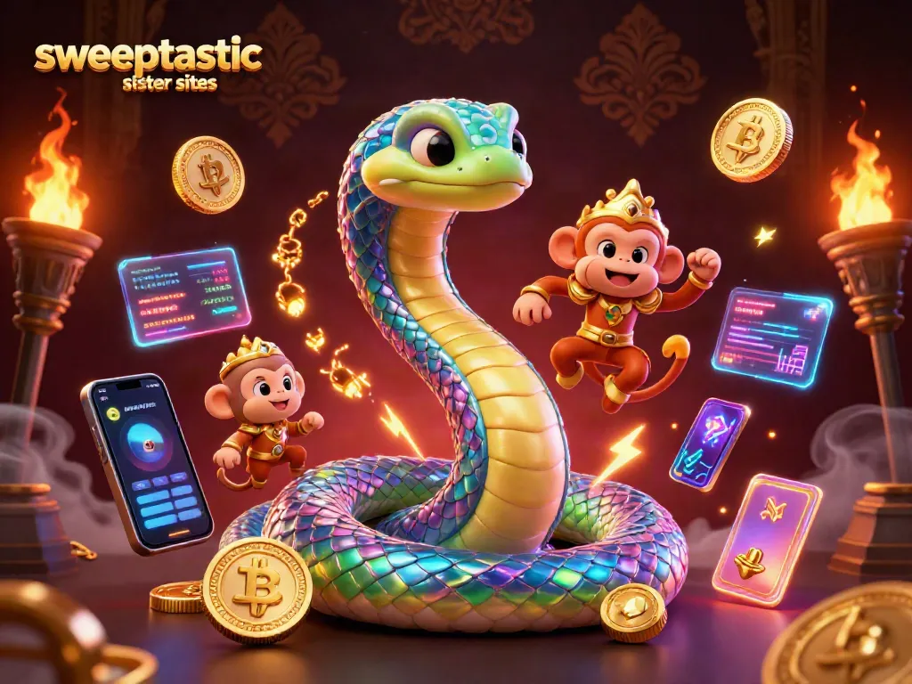 Discover exciting games at Sweeptastic sister sites featuring vibrant 3D characters and casino imagery.