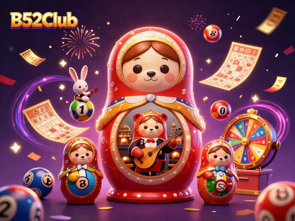 B52Club characters celebrate with colorful lottery elements and festive fireworks in a dynamic casino scene.