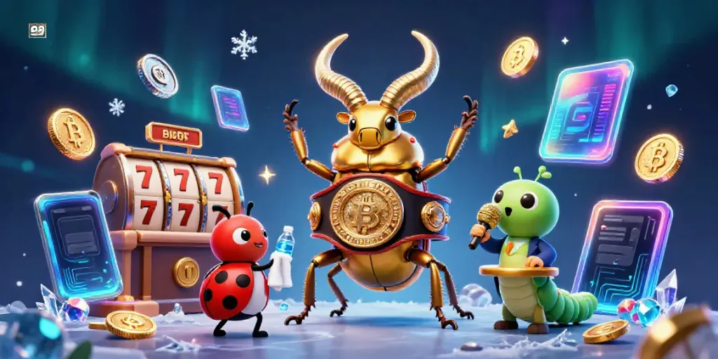 abc8 features an exciting casino scene with a golden stag beetle champion, showcasing engaging slot reels and glowing coins.