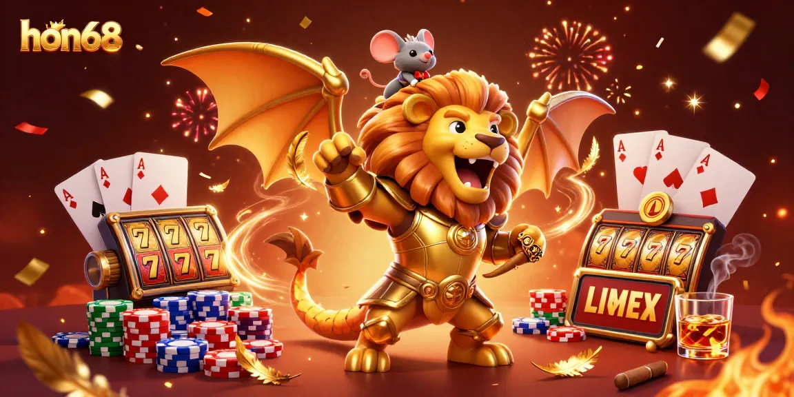 Experience the thrill at hon68 with a golden chimera and a brave mouse jockey in an epic casino scene.