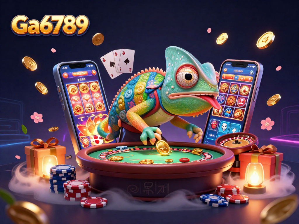 Experience Ga6789 with a vibrant chameleon casino owner and thrilling gambling elements in this dynamic illustration.