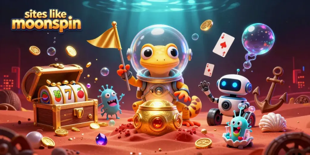 Experience sites like moonspin with vibrant 3D casino adventure featuring a Martian gecko.