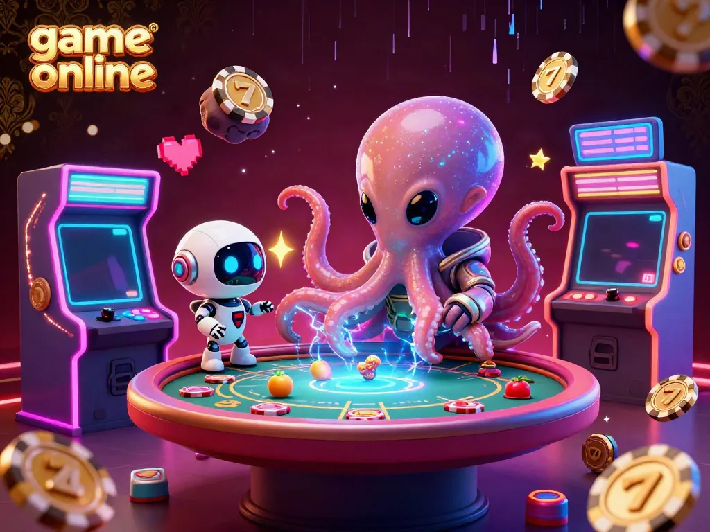 Experience thrilling game online adventures with an alien octopus at a holographic poker table.