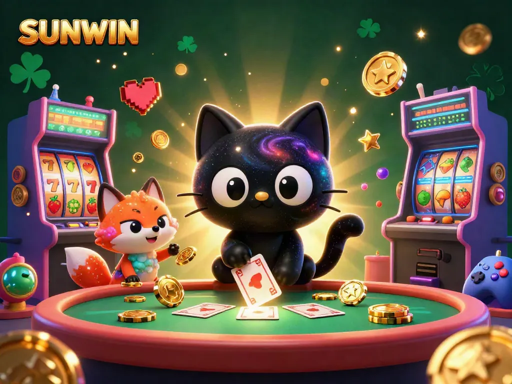 Experience thrilling gameplay with SUNWIN as a black hole cat pulls in golden poker chips and cards.