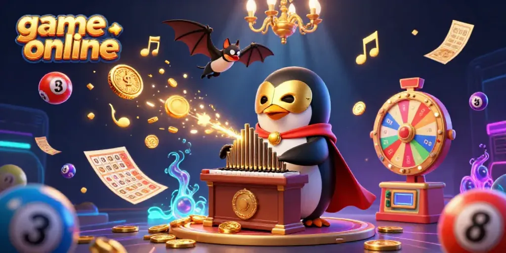 Engage with exciting game online features in this vibrant casino scene filled with a cartoon penguin and a bat acrobat.