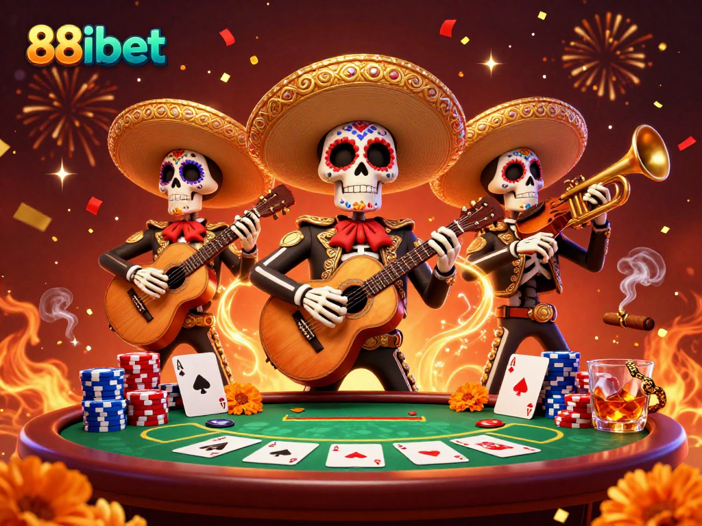 Engage with 88ibet's thrilling casino experience featuring a lively mariachi band playing amidst vibrant poker elements.