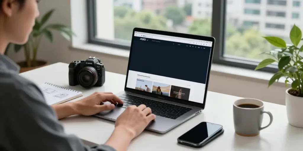 A80 homepage displayed on a laptop in a modern office scene.