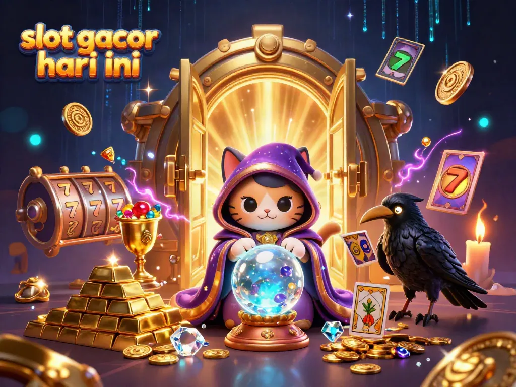 Experience the excitement of slot gacor hari ini with a mystical scene featuring a fortune teller cat, raven, and gold treasures.