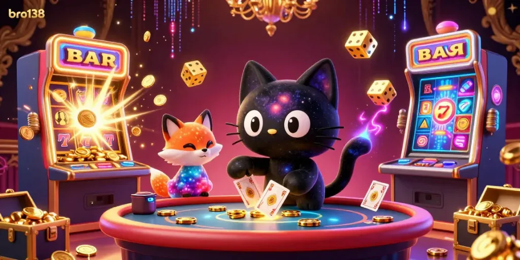 Experience the excitement at bro138 with a captivating cosmic casino illustration featuring vibrant gaming elements.