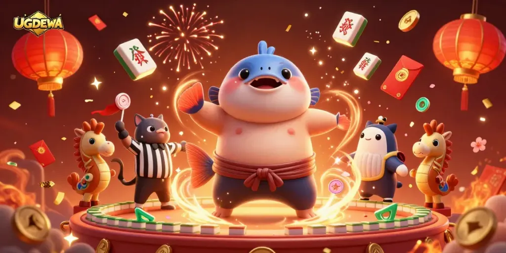 Experience the excitement of UGDEWA with a vibrant underwater casino scene featuring a blowfish sumo champion.