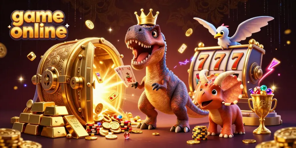Play exciting game online in a vibrant 3D casino scene with playful characters and rich treasures.