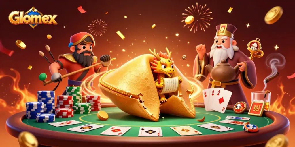 Play exciting games with Glomex's thrilling golden fortune cookie scene filled with poker action.