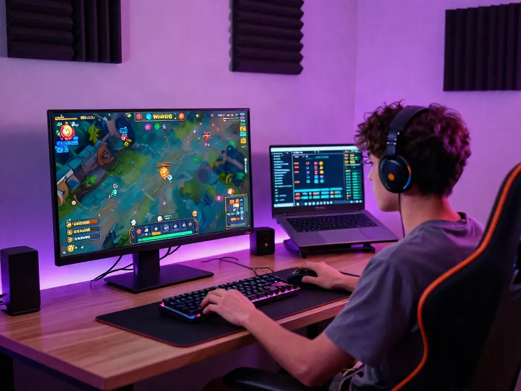Player engaging in Slot MAHJONGJP88 on a vibrant gaming setup with colorful graphics and accessories.