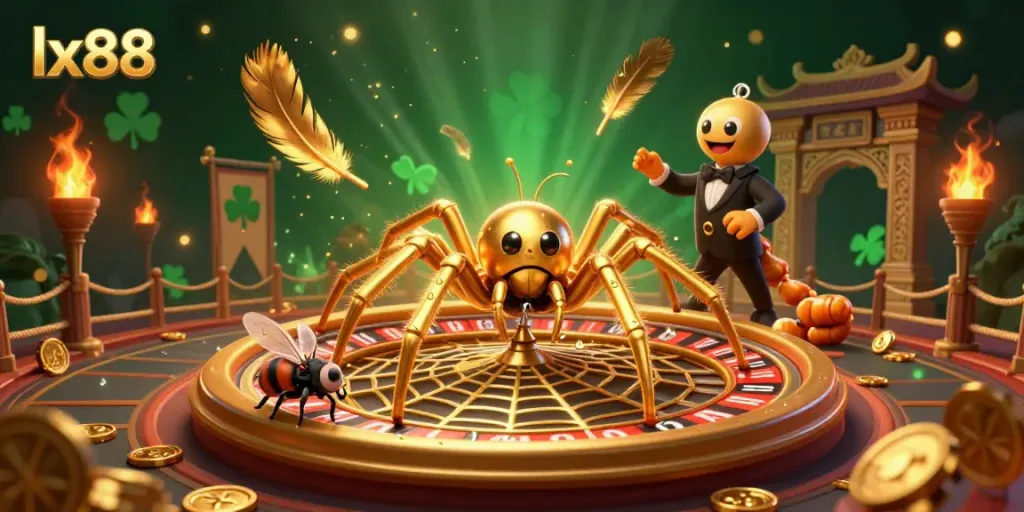 Engage in thrilling bets at lx88, where a golden spider spins a roulette wheel web amidst colorful casino elements.