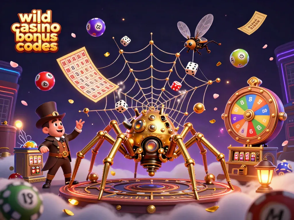 Experience thrilling wild casino bonus codes with golden spider and vibrant game elements in a 3D illustration.