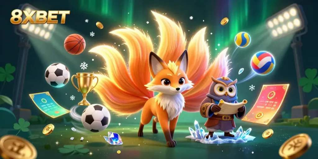 Experience the thrill of betting with 8XBET in a vibrant scene featuring animated characters and sports elements.