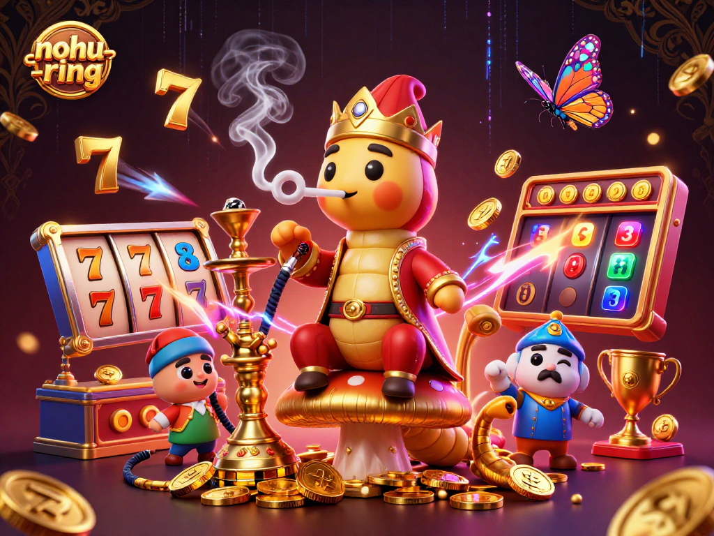 Experience the thrill of nohu-ring as the caterpillar master spins slot machine symbols amidst rich casino elements.